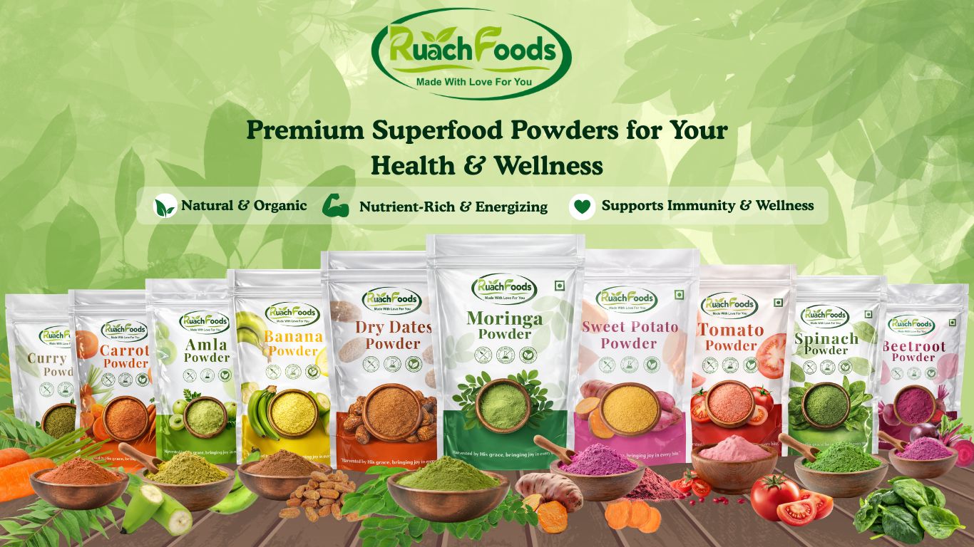 Ruach Foods natural superfood powders including moringa beetroot amla carrot spinach and banana powders
